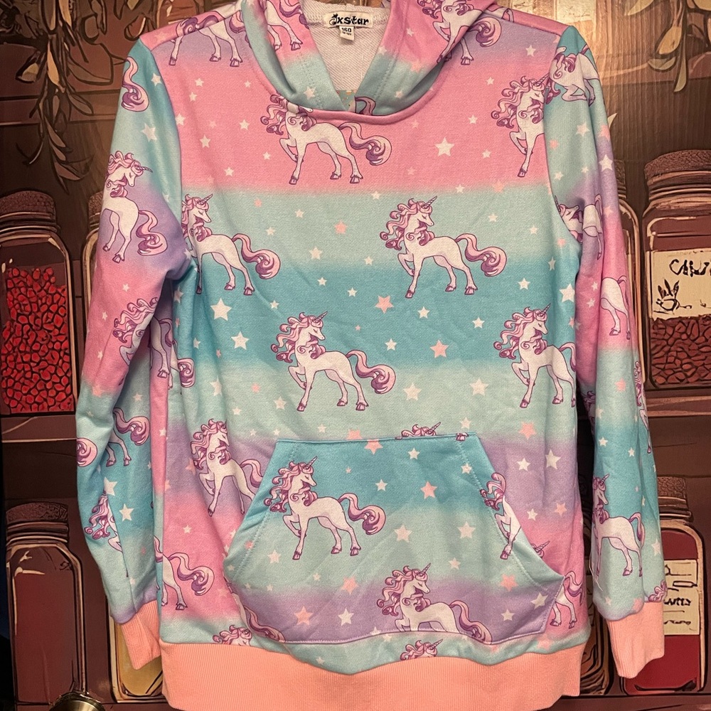 Unicorn Print Kids Hoodie - Pink and Blue